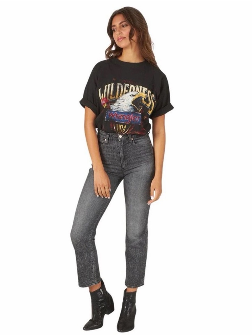 W27xL28 Wrangler Free People Wild West High Rise Straight Leg Jeans Grey Black